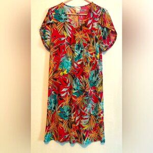 FIG & OLIVE Size L Tropical Leaf & Floral Boho V-Neck short sleeved Dress
